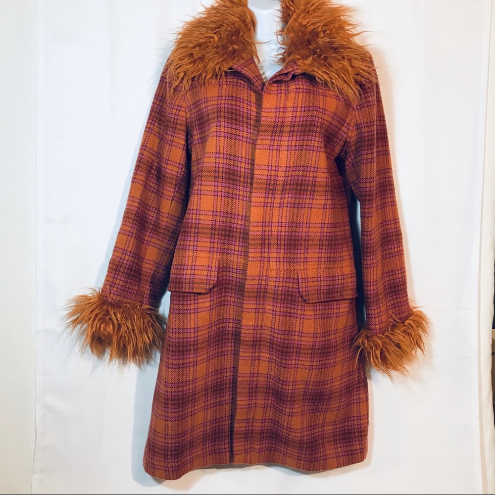 Vintage 70’s Wool Plaid Coat Faux Shag Fur Trim S